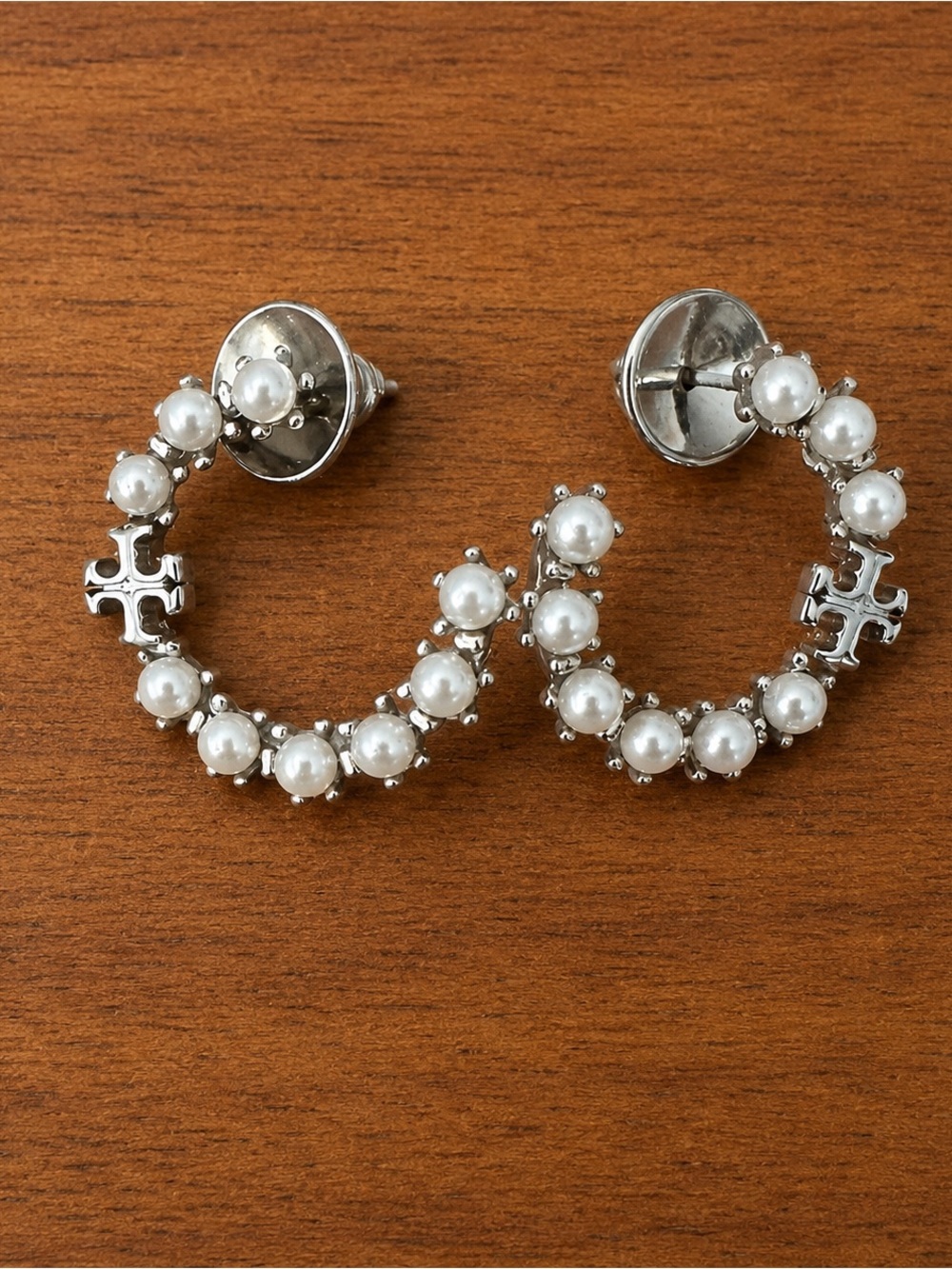 Tory Burch Silver Hoop Earrings with White Pearls